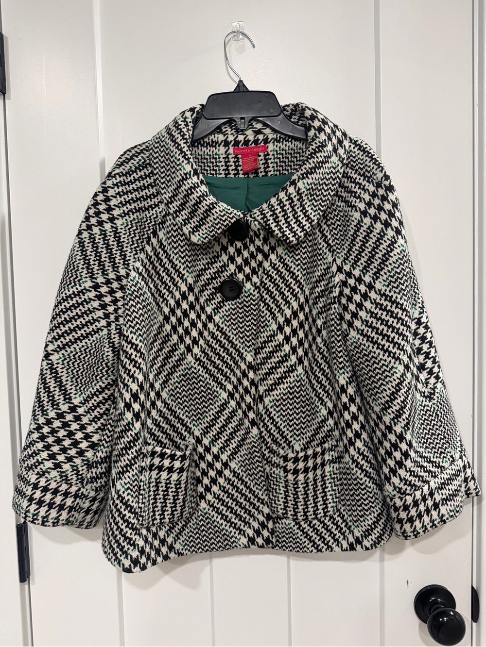 Sunny Leigh Black and White with Green Accents Houndstooth Jacket Size 12